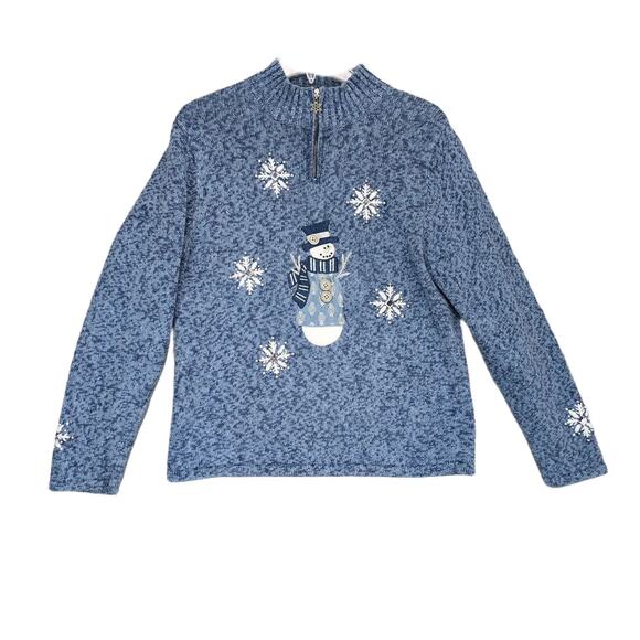 Timberlea Women's L Winter Snowman Blue Knit Sweater 1/4 Zip Pullover Snowflakes - Picture 1 of 6